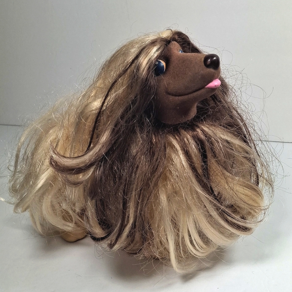 Vintage Hasbro Sweetie Pups Afghan Hound Flocked Long Haired Dog Toy 1989 Brown